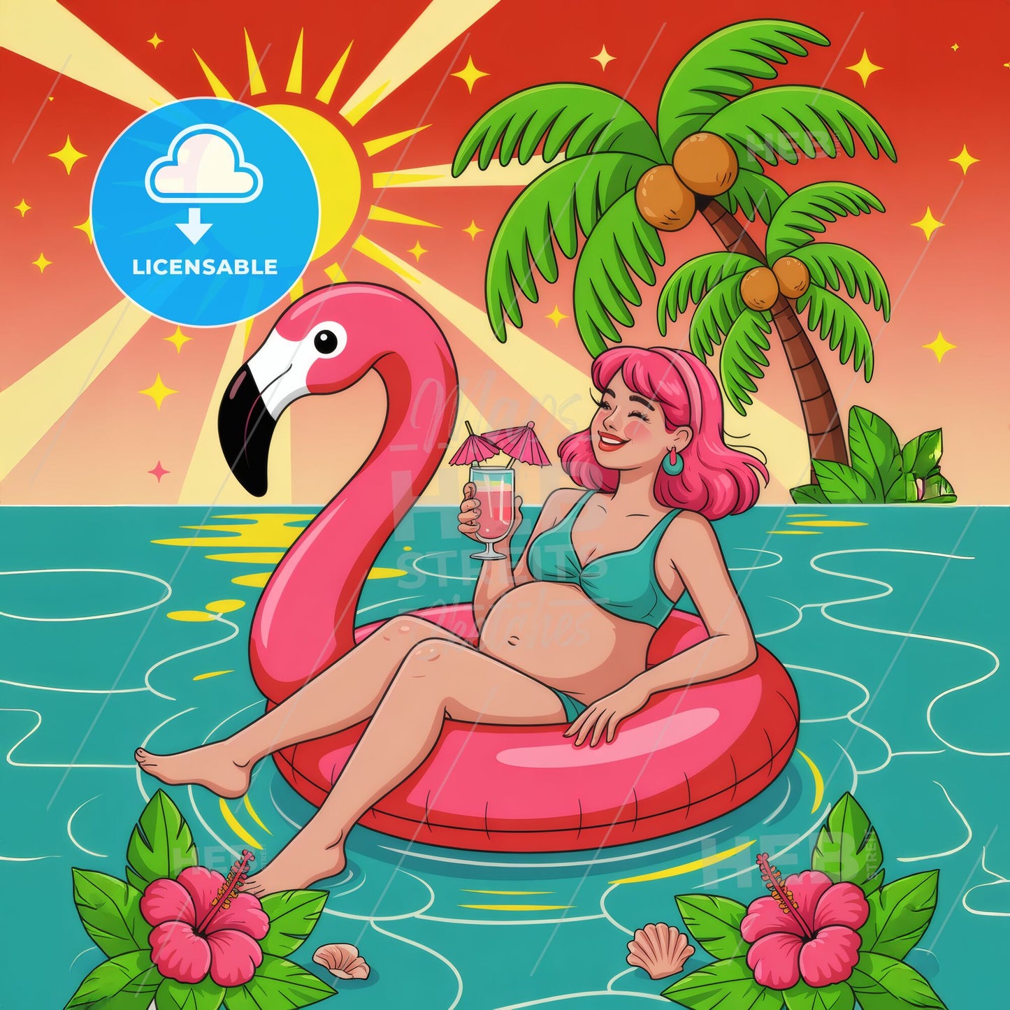 Pregnant Woman Relaxing on Flamingo Float with Tropical Drink Under the Sun