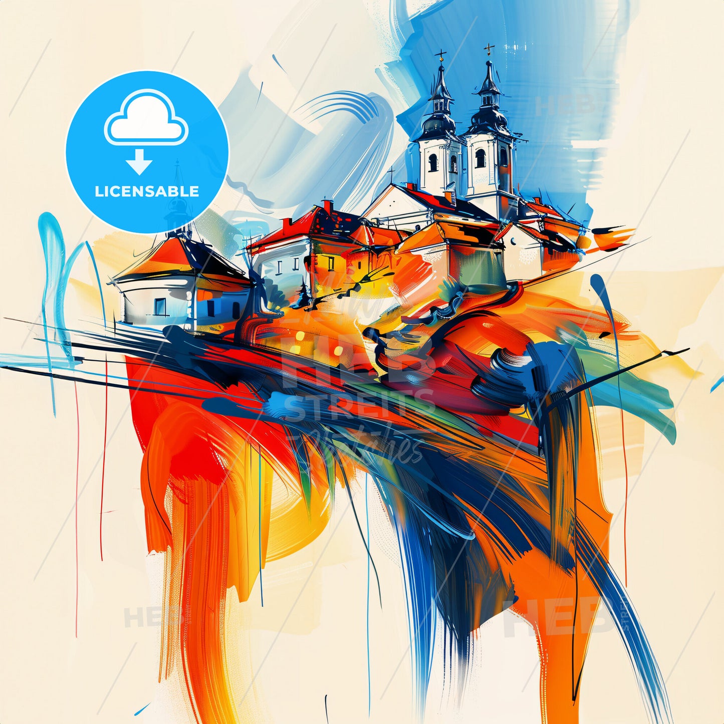 Vibrant Prešov, Slovakia - A Painting Of A Building On A Hill