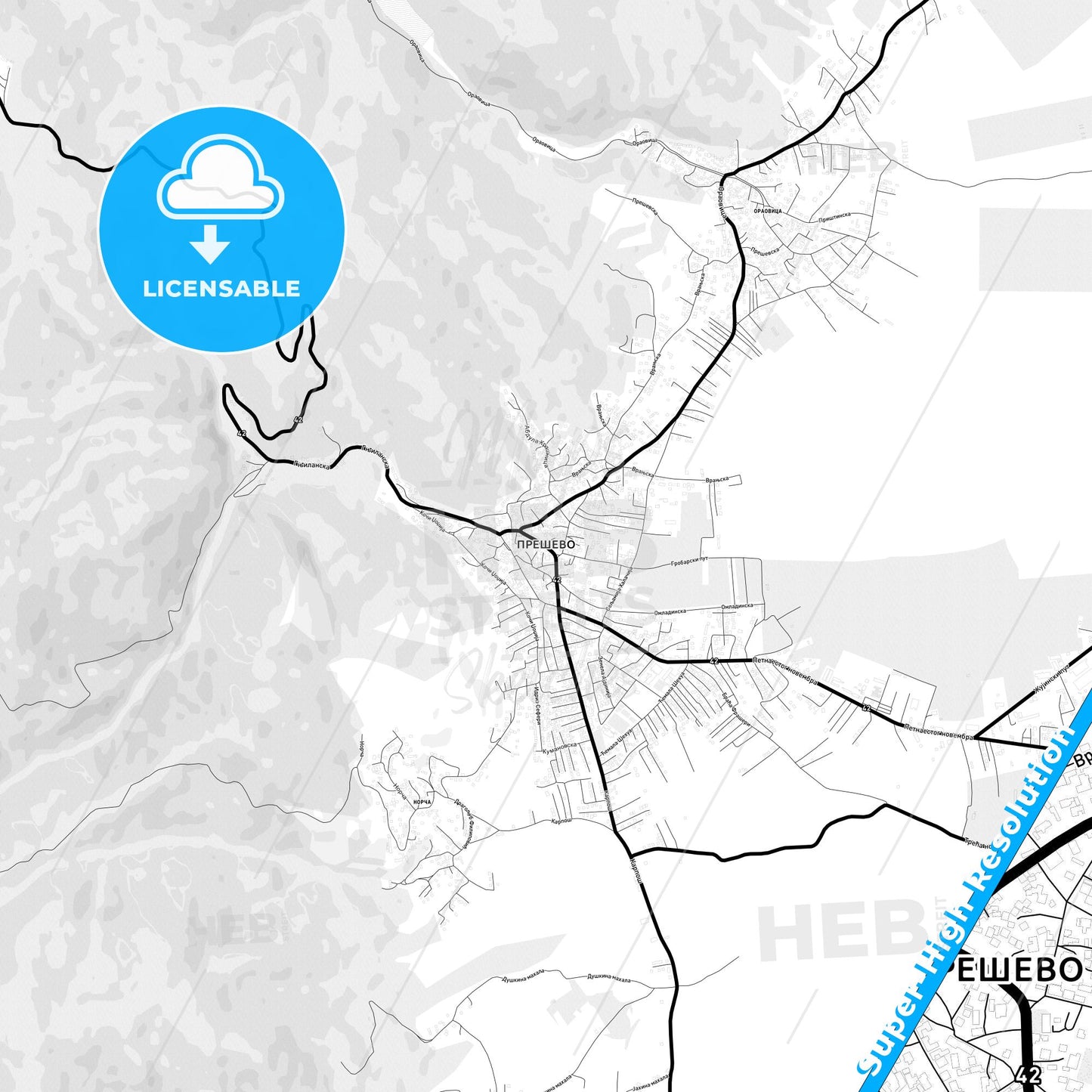 Preševo, Serbia Light Map with Street Names, City Names, and Districts