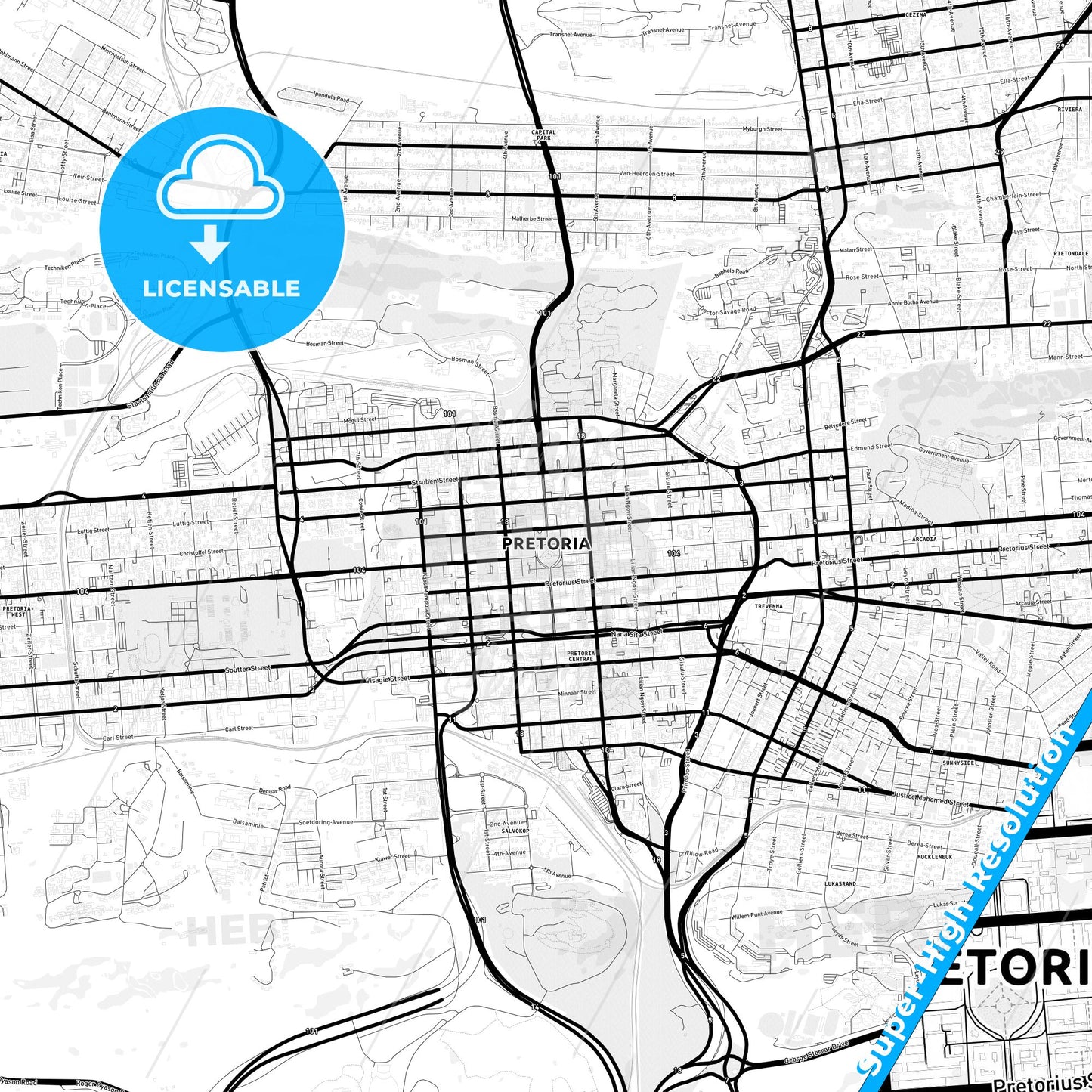 Pretoria, South Africa Light Map with Street Names, City Names, and Districts