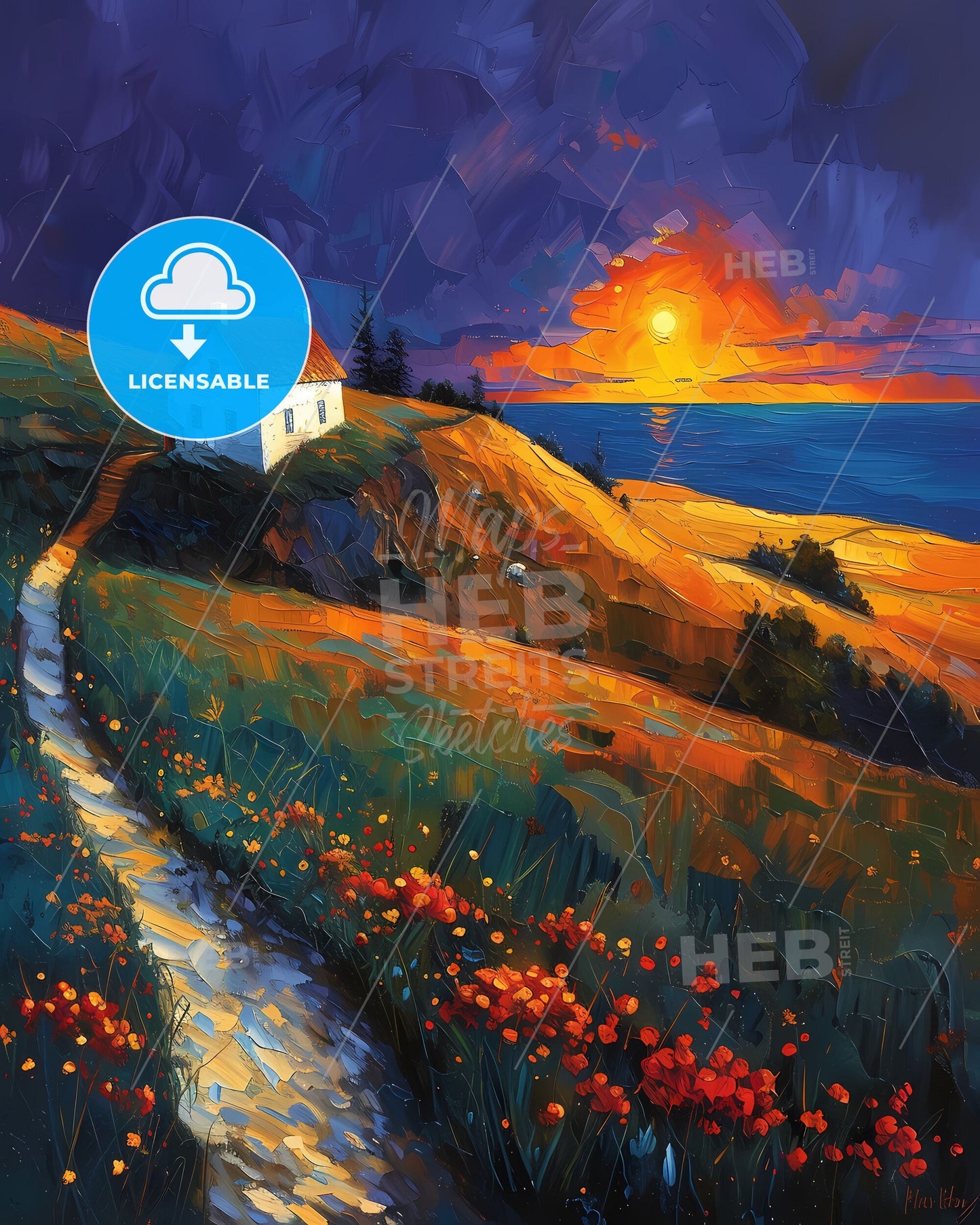 Vibrant Painting of a House on a Hill in Prince Edward Island, Canada, with Flowers and a Picturesque Sunset Landscape