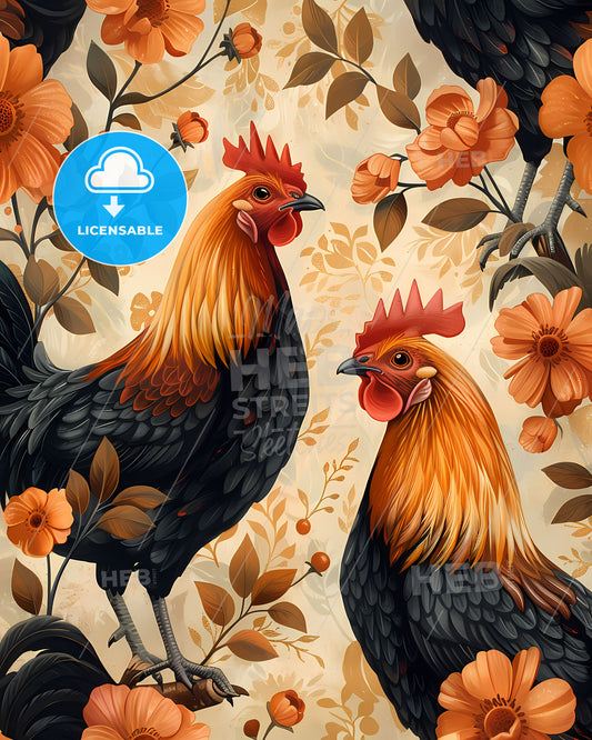 Artful Birthday Greeting Card Design Featuring Black Copper Maran Chickens, Feminine Browns and Hunter Orange Accents