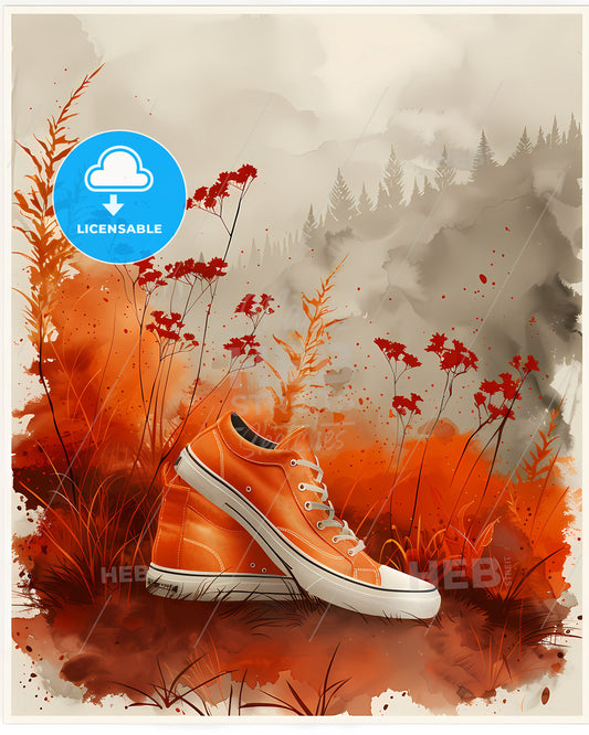 Feminine Birthday Card Painting Featuring Orange Sneakers in Flower Field | Art | Printable | Bi-Fold | Hunter Orange | Beige | Brown