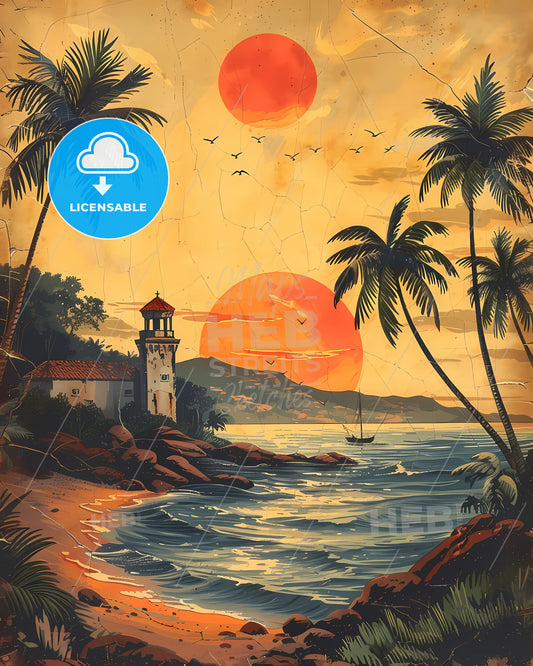 Detailed historical Mozambique label template with beach, palm trees, lighthouse, vibrant painting, vintage, sketch style