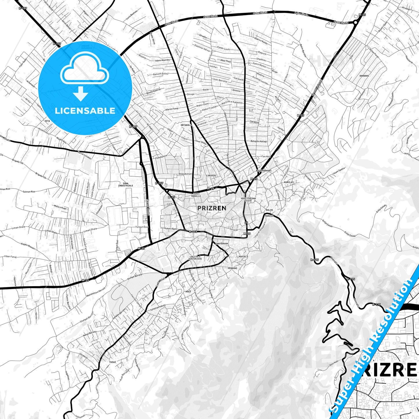 Prizreni / Prizren, Kosovo Light Map with Street Names, City Names, and Districts