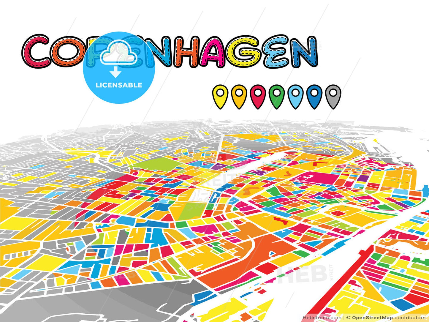 Copenhagen, Denmark, downtown map in perspective
