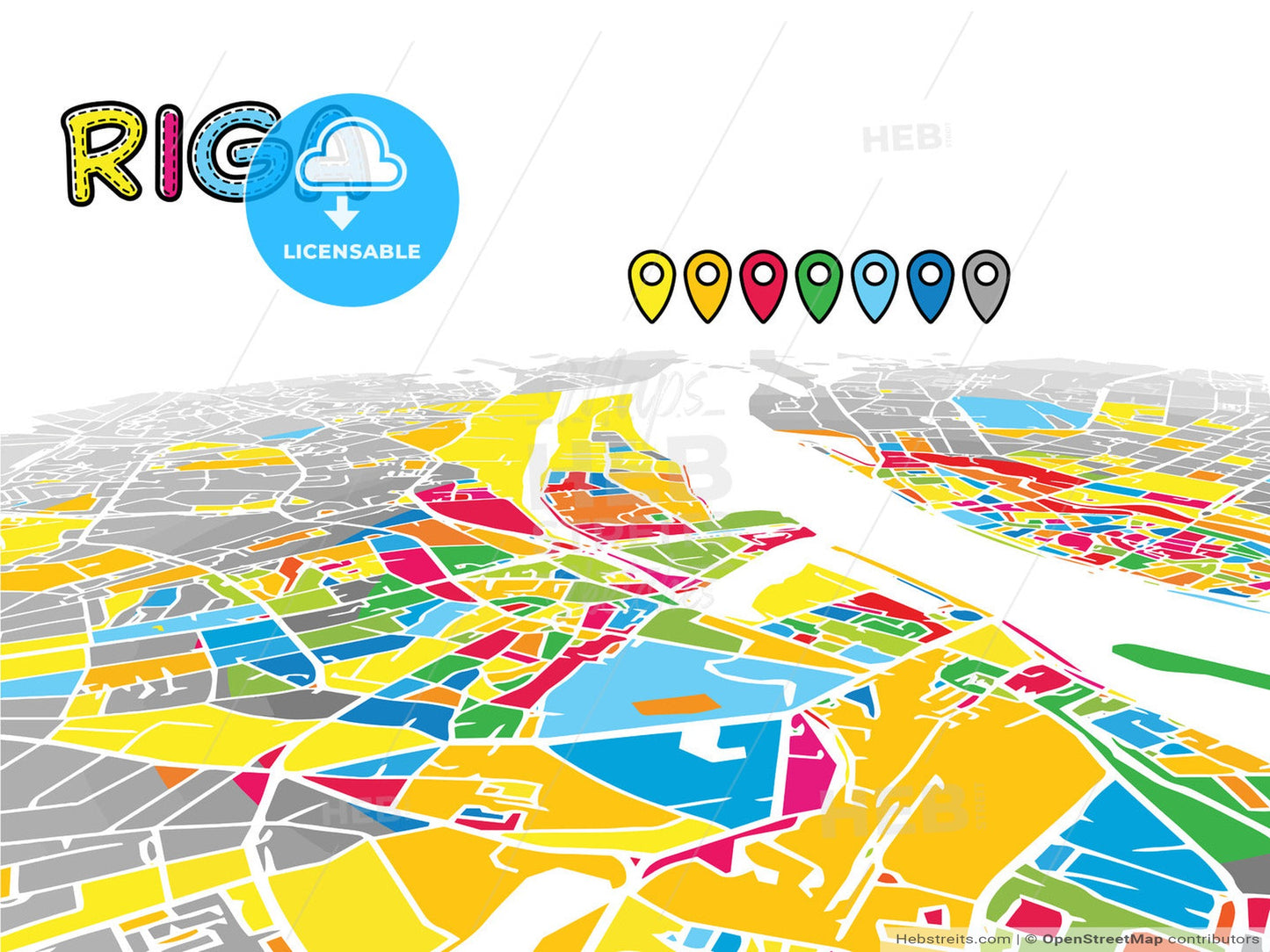 Riga, Latvia, downtown map in perspective