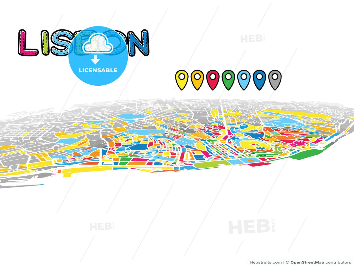 Lisbon, Portugal, downtown map in perspective