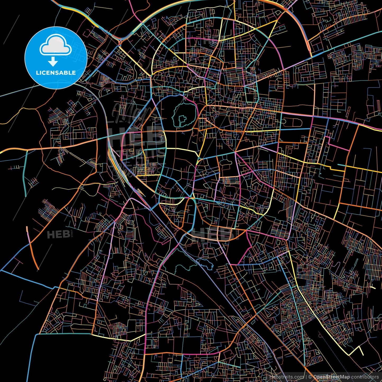 Solapur, Maharashtra, India, colorful city map on black background