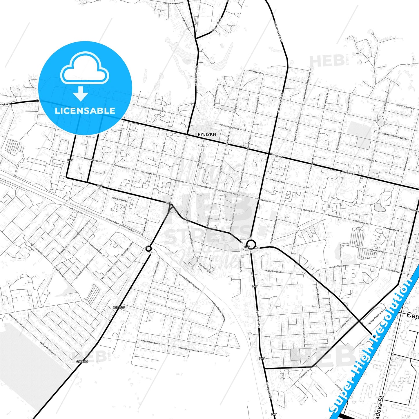 Pryluky, Ukraine Light Map with Street Names, City Names, and Districts