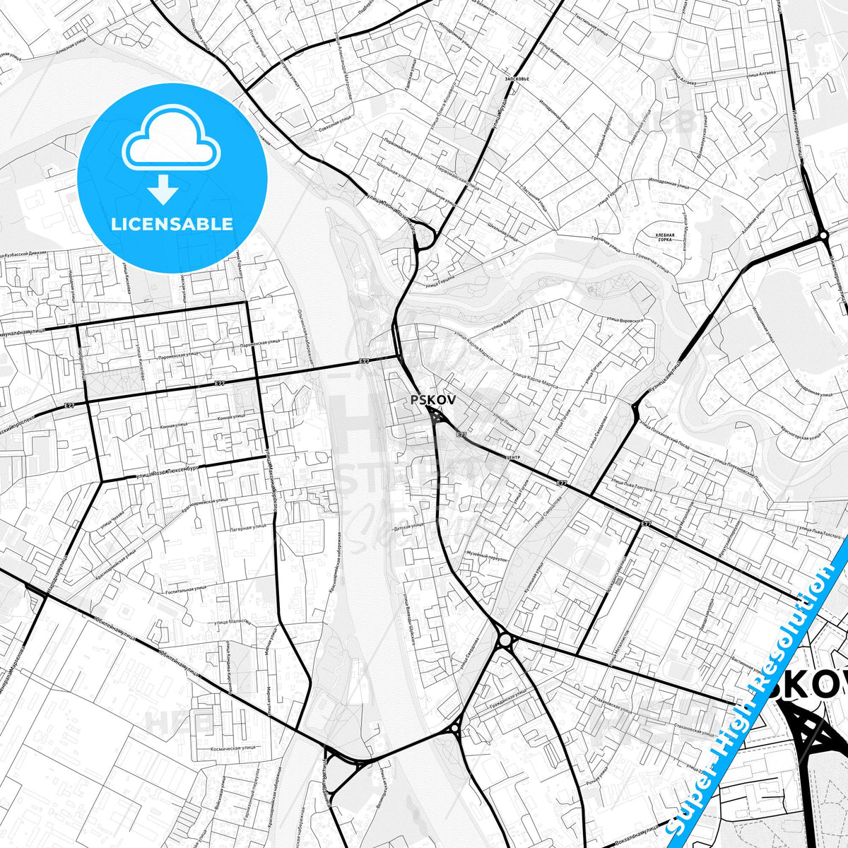 Pskov, Russia Light Map with Street Names, City Names, and Districts