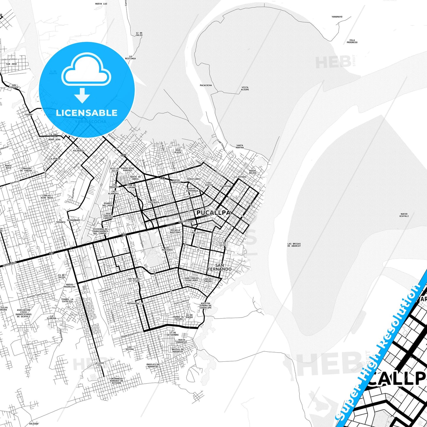 Pucallpa, Peru Light Map with Street Names, City Names, and Districts