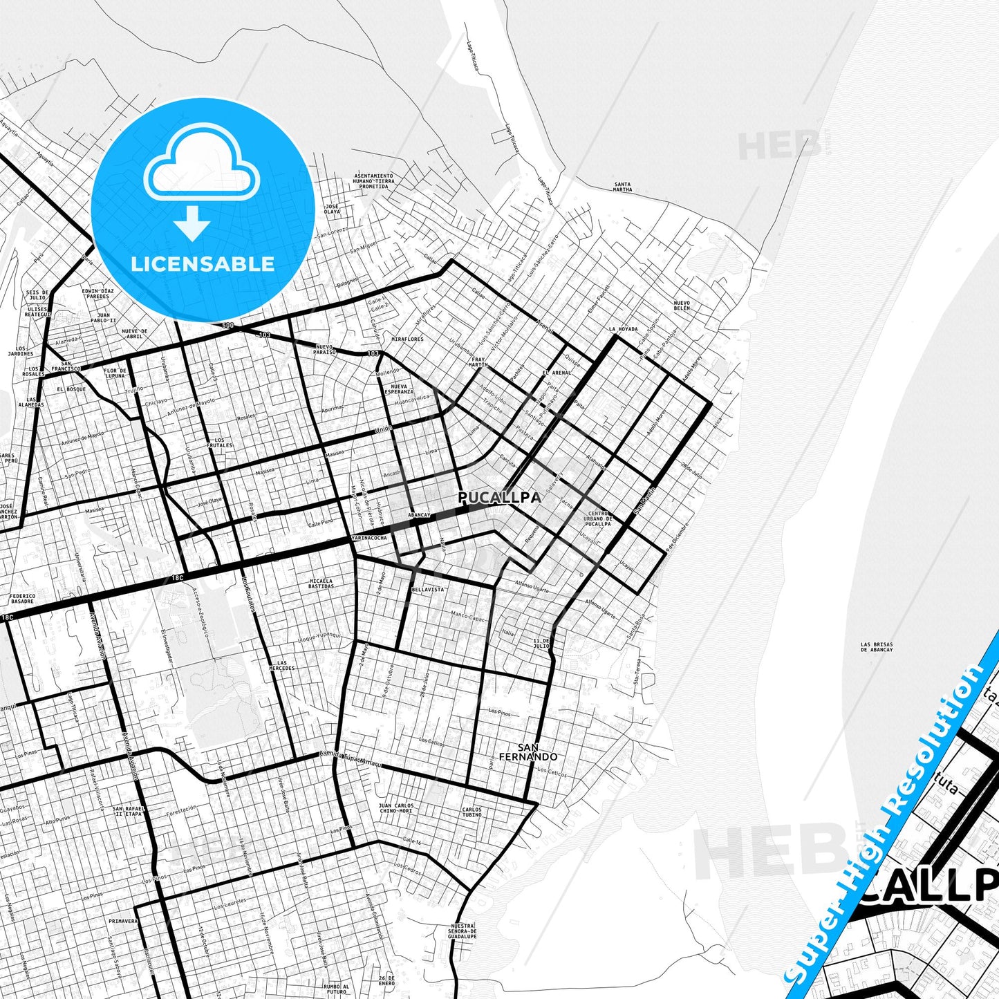 Pucallpa, Peru Light Map with Street Names, City Names, and Districts