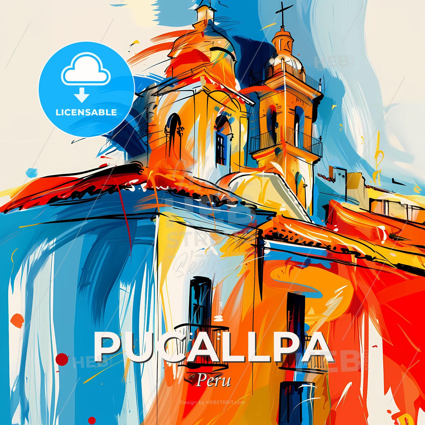 Vibrant Pucallpa, Peru - A Painting Of A Building With A Tower And A Cross - Square format print template