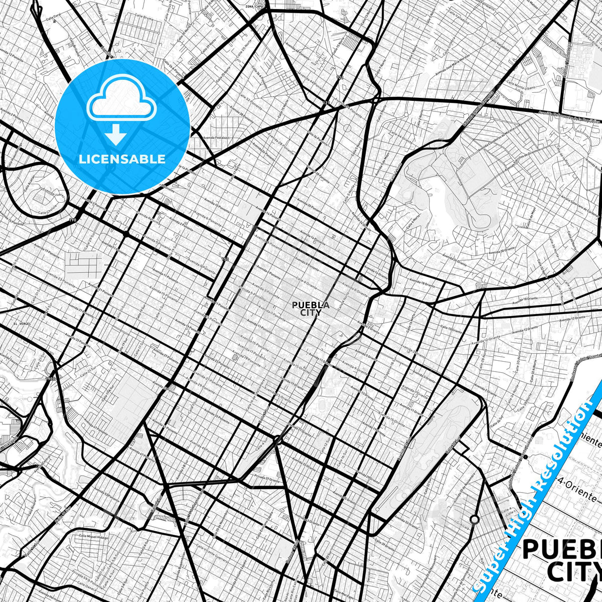 Puebla, Mexico Light Map with Street Names, City Names, and Districts