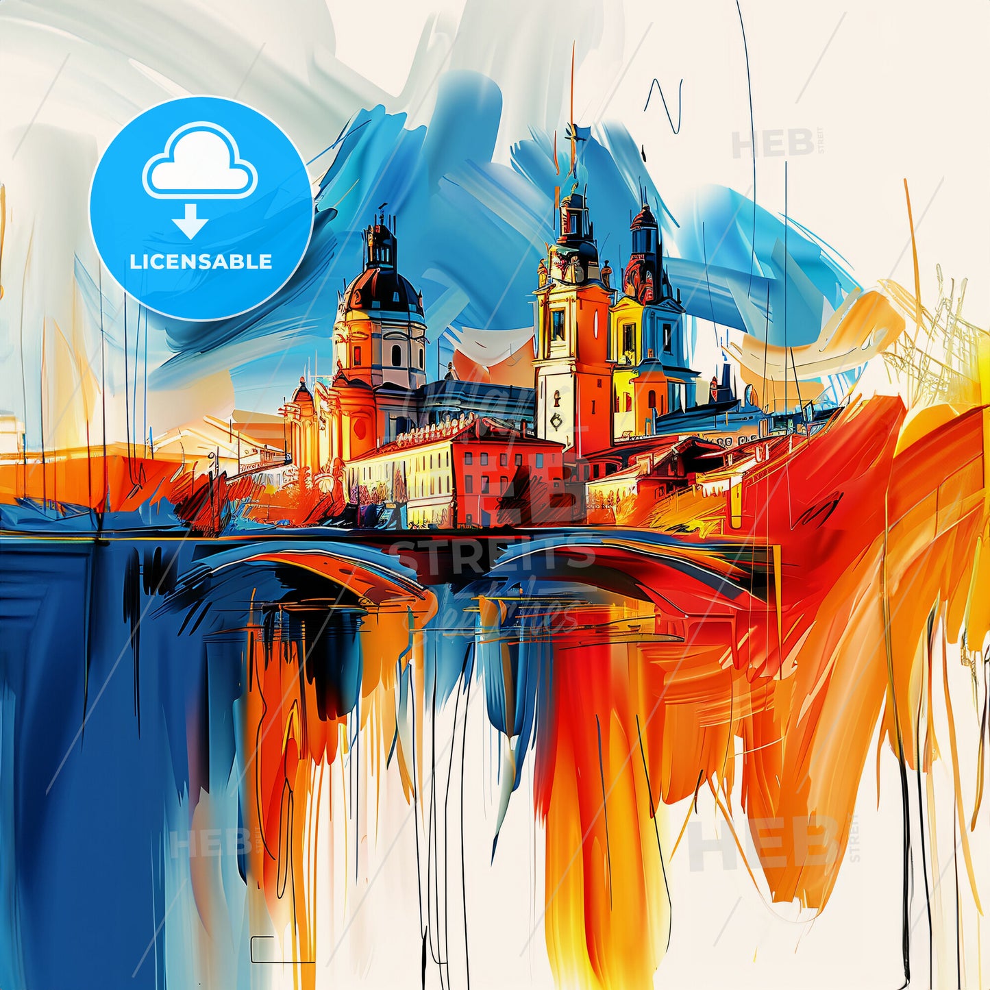 Vibrant Puente De Vallecas, Spain - A Painting Of A City With A Bridge And A Bridge