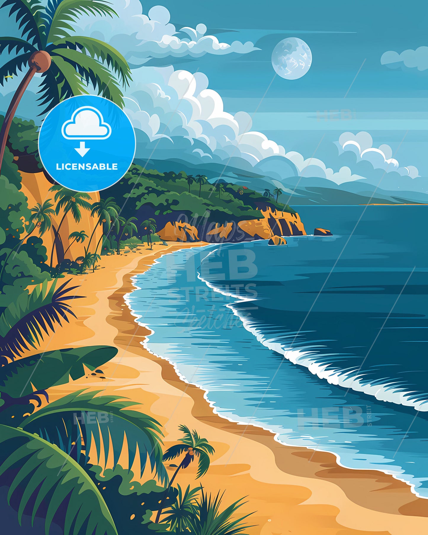 Caribbean Beach Scene - Artistic Painting of Palm Trees, Tropical Waters, and Sandy Shores