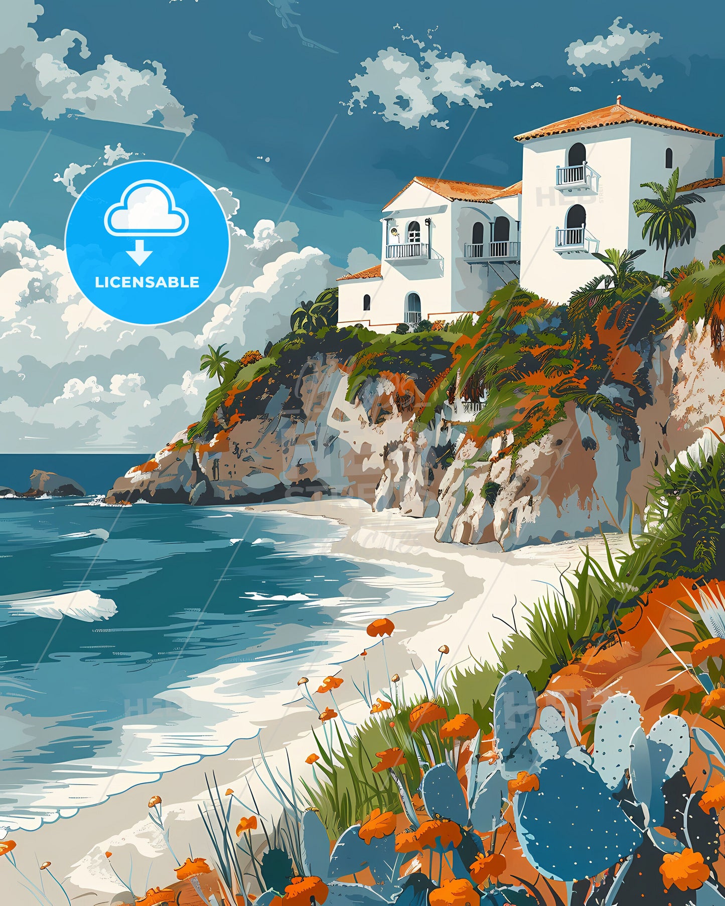 Vibrant Painting of House on Ocean Cliff in Puerto Rico, North America, Featuring Artistic Focus