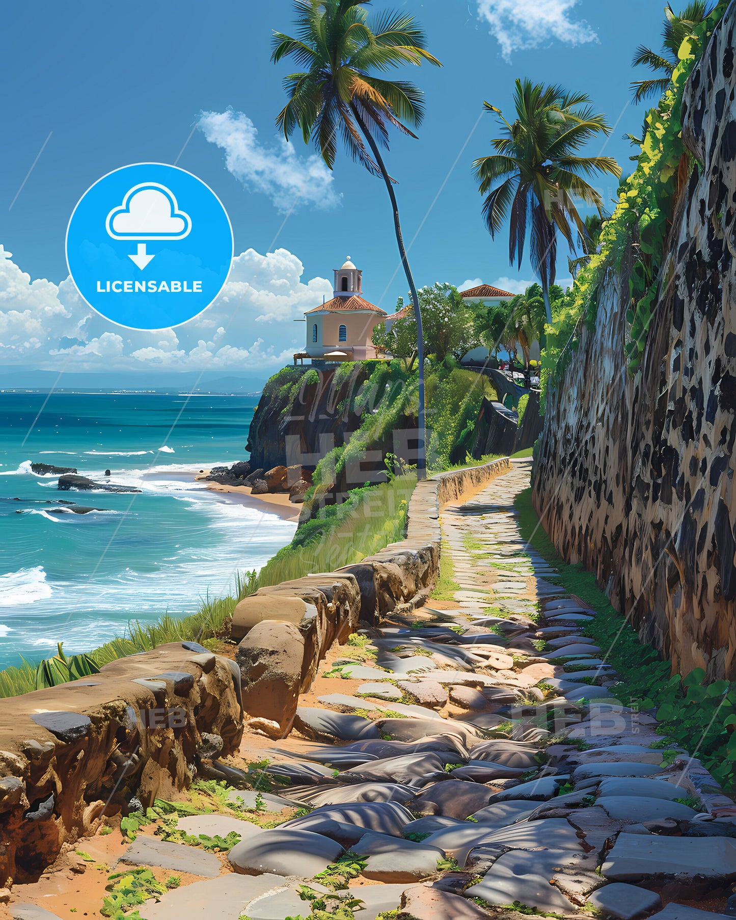 Vibrant Caribbean Scene, Palm Trees and Stone Path, Caribbean Island