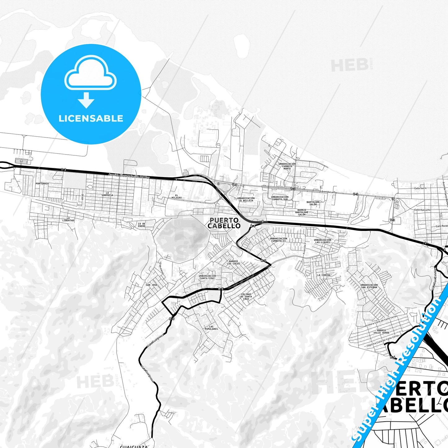 Puerto Cabello, Venezuela Light Map with Street Names, City Names, and Districts