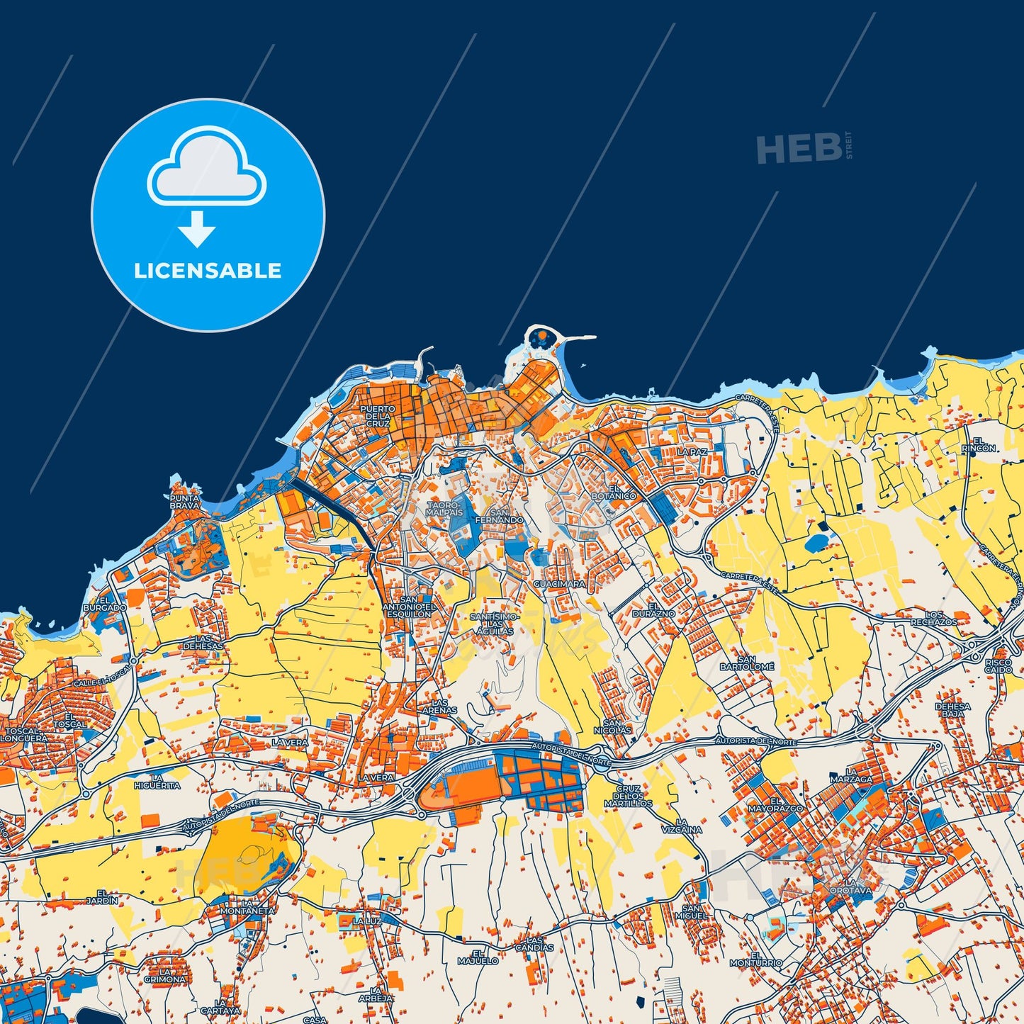Colorful Puerto de la Cruz Street Map with Labels and Buildings
