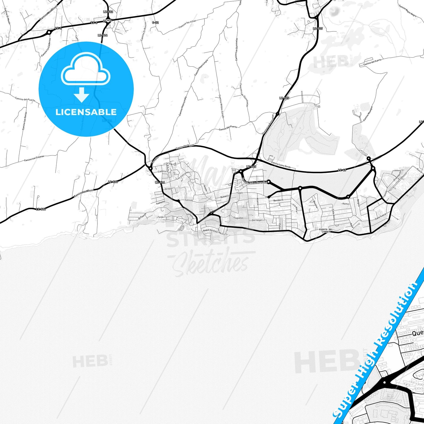 Puerto del Carmen, Spain Light Map with Street Names, City Names, and Districts