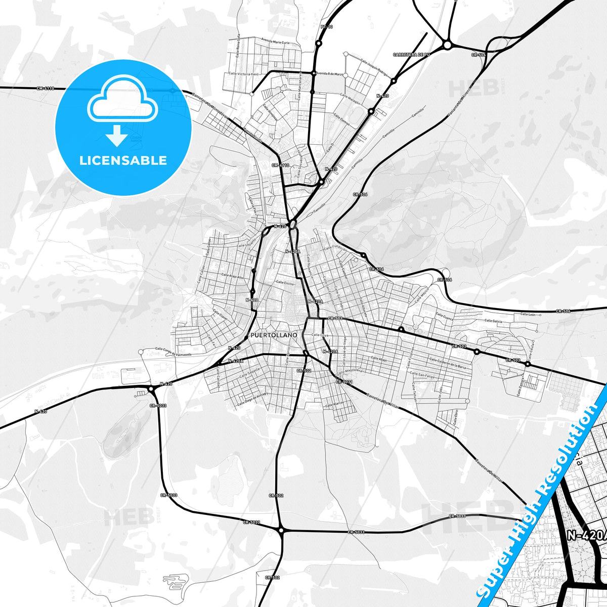 Puertollano, Spain Light Map with Street Names, City Names, and Districts