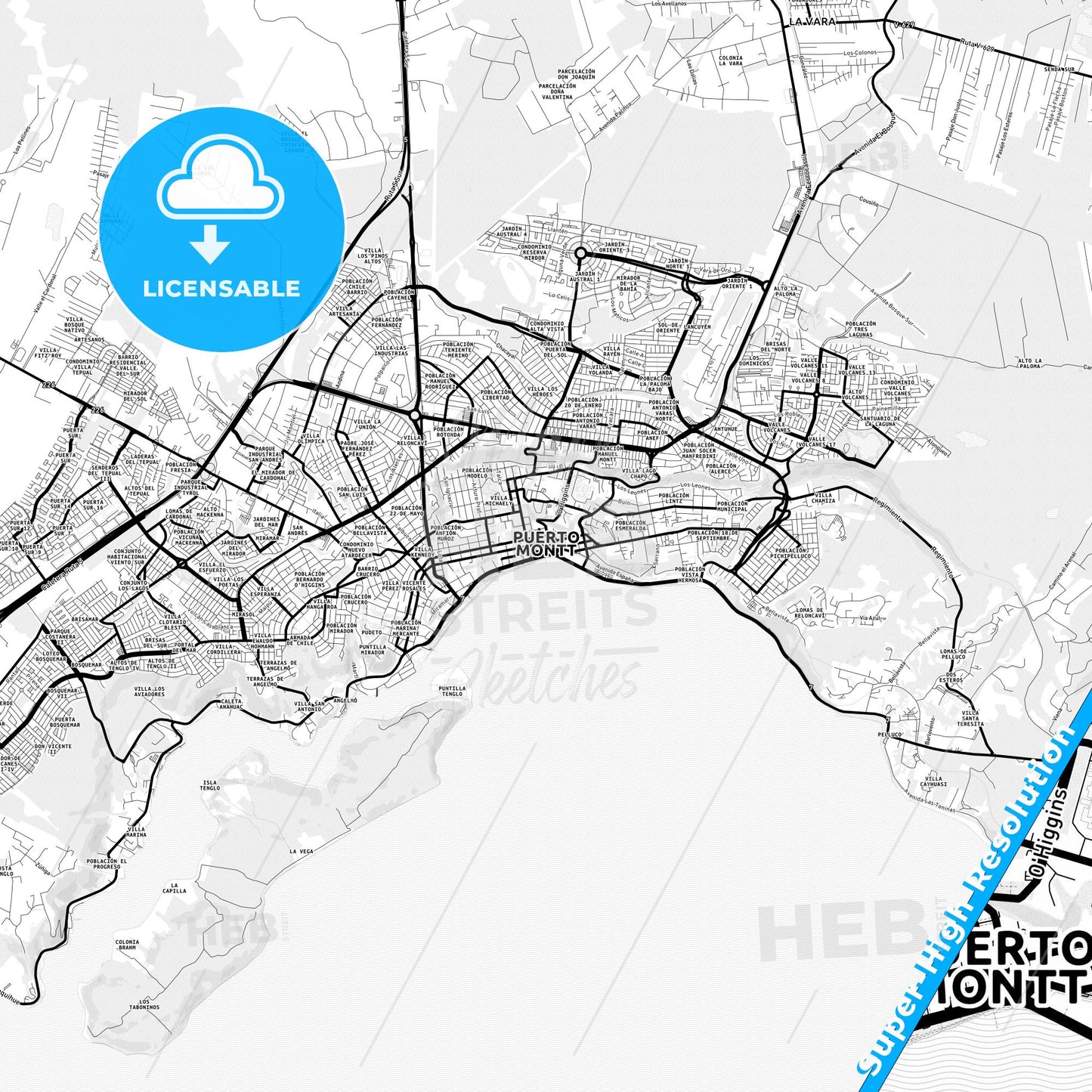 Puerto Montt, Chile Light Map with Street Names, City Names, and Districts
