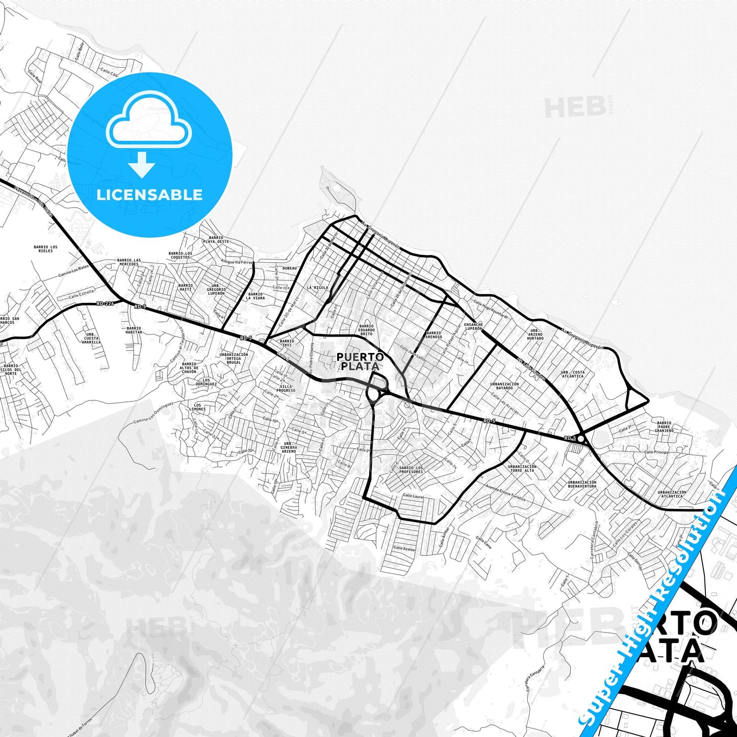 Puerto Plata, Dominican Republic Light Map with Street Names, City Names, and Districts