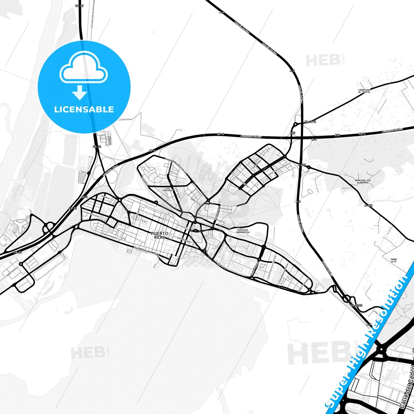 Puerto Real, Spain Light Map with Street Names, City Names, and Districts