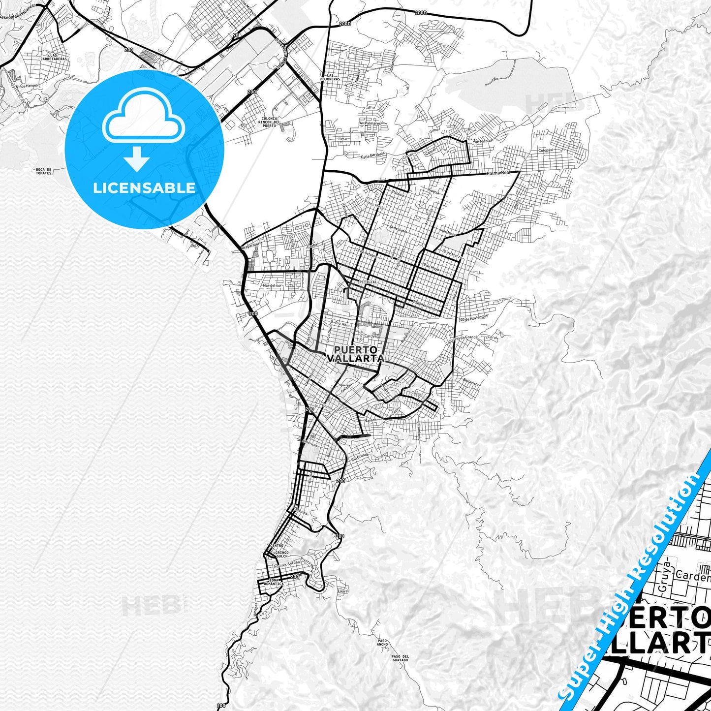 Puerto Vallarta, Mexico Light Map with Street Names, City Names, and Districts