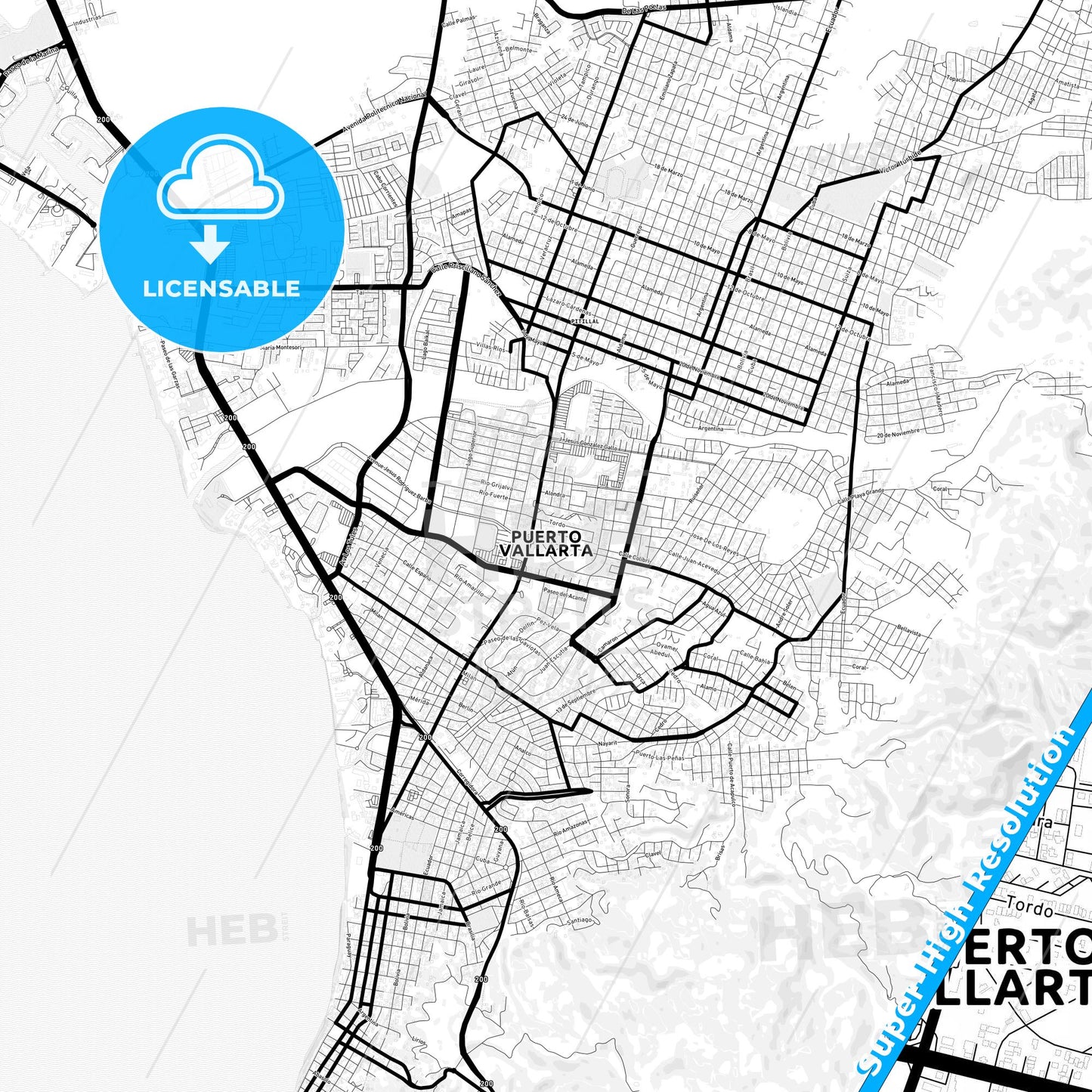 Puerto Vallarta, Mexico Light Map with Street Names, City Names, and Districts