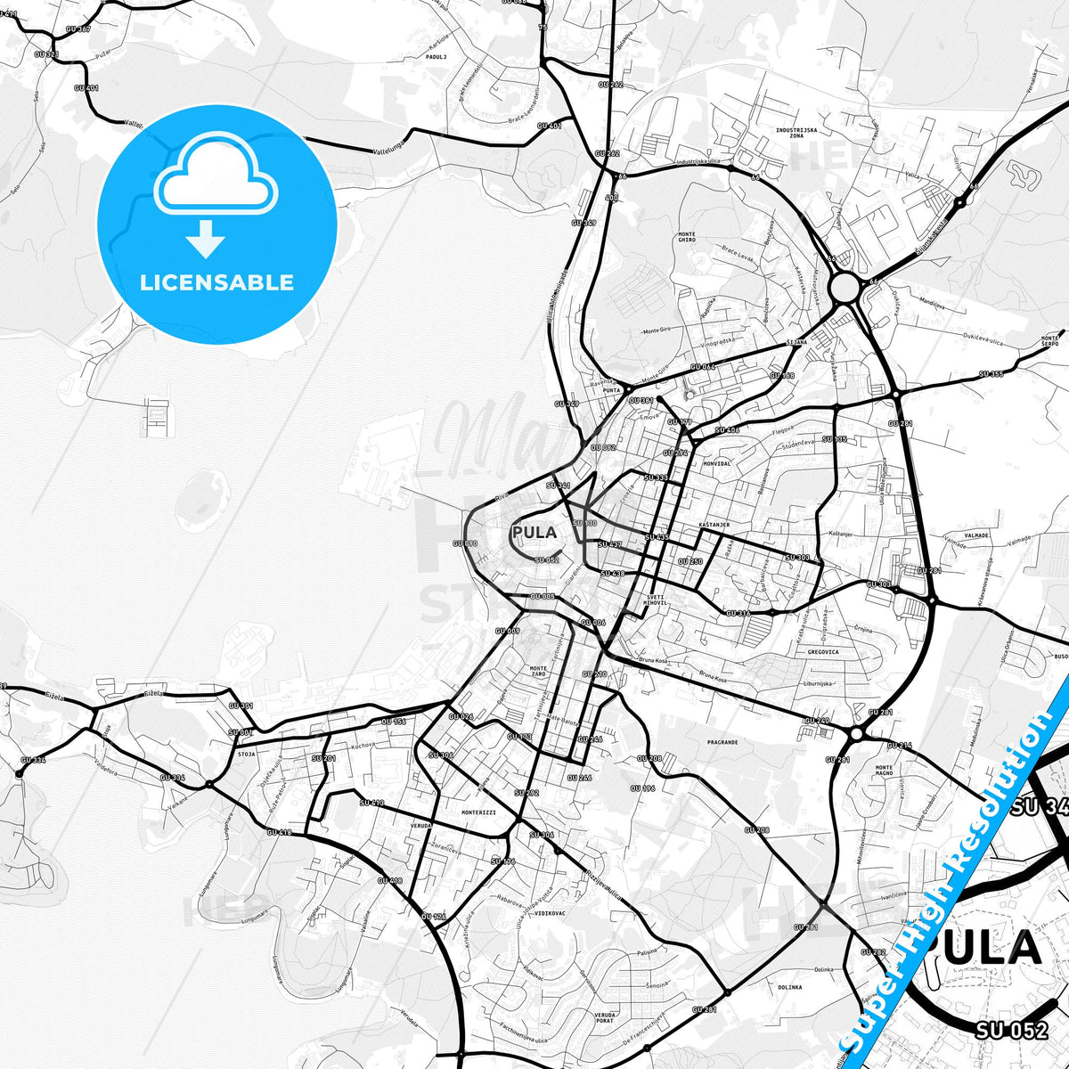 Pula/Pola, Croatia Light Map with Street Names, City Names, and Districts