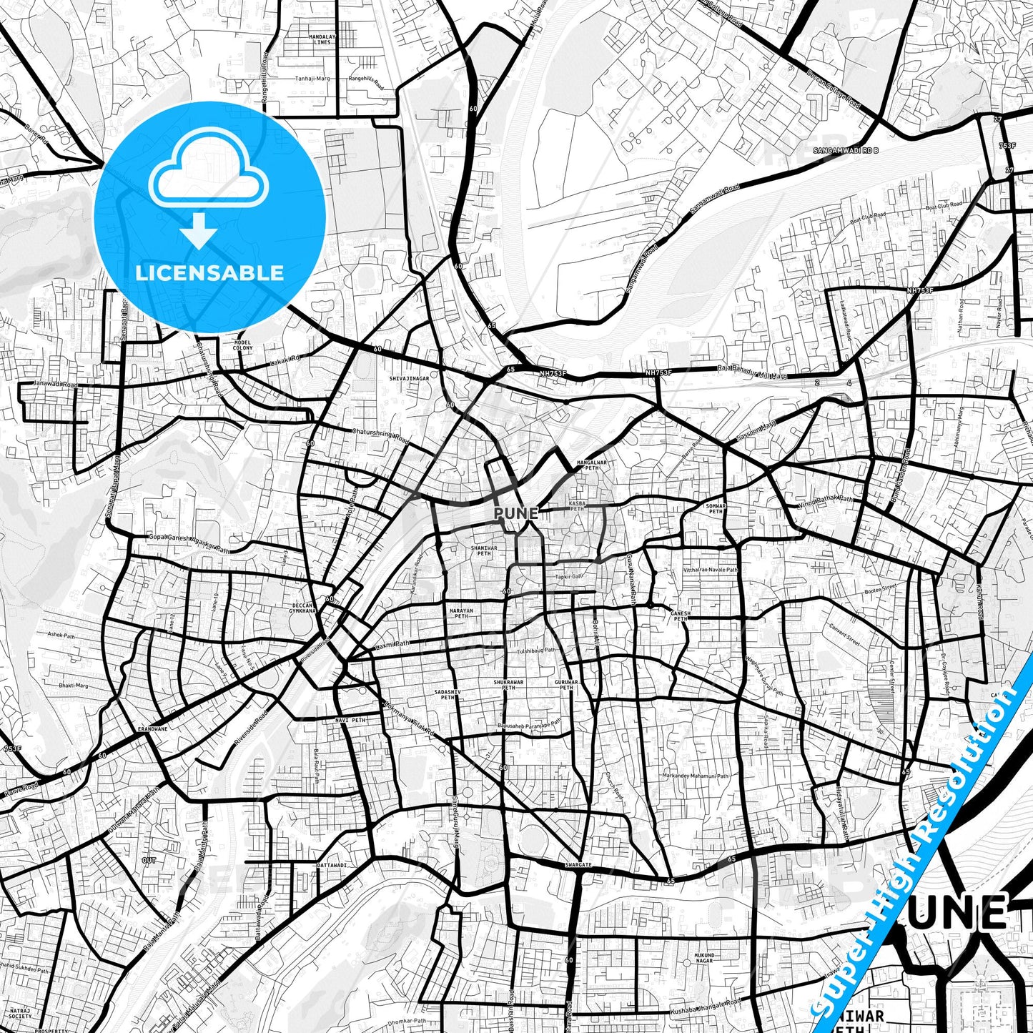 Pune, India Light Map with Street Names, City Names, and Districts