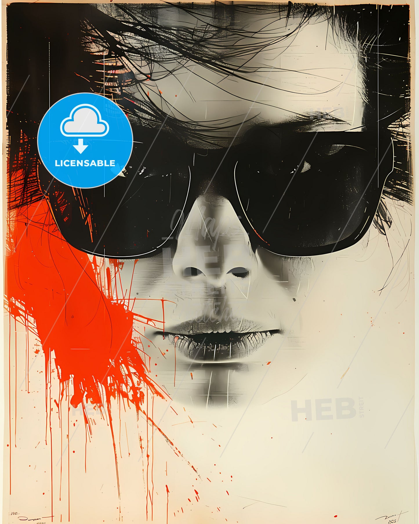 Bold and Edgy Situationist Poster Art: Woman in Sunglasses with Red Paint Focus on Artistic Expression