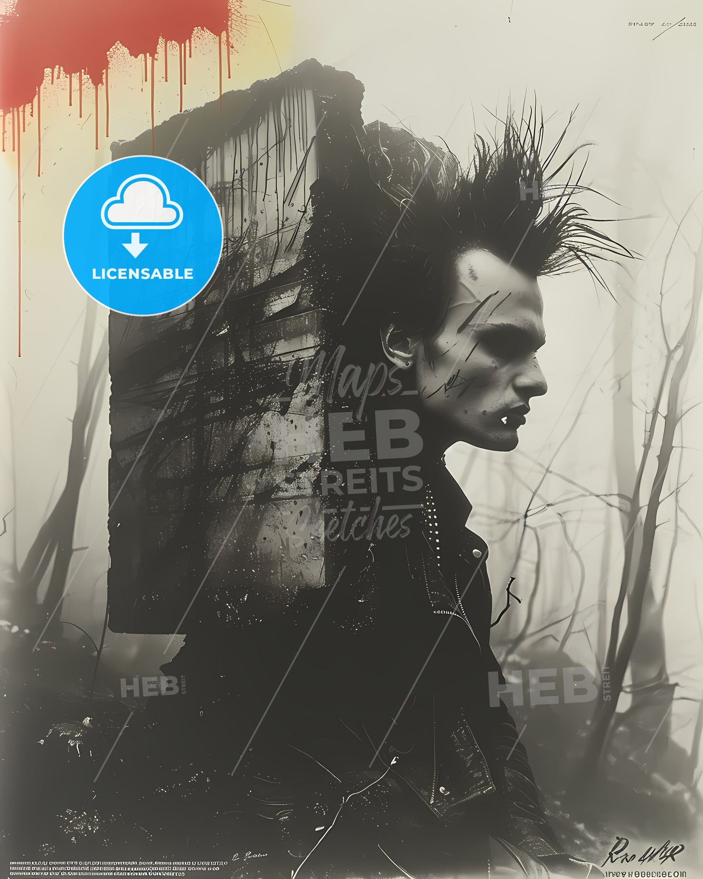 Postcard With Brutalism Graphic Style Showing Man With Spiky Hair Carrying A Cardboard Box