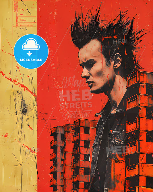 Vibrant Brutalism Painting: Spiky-Haired Man in Striking Graphic Style