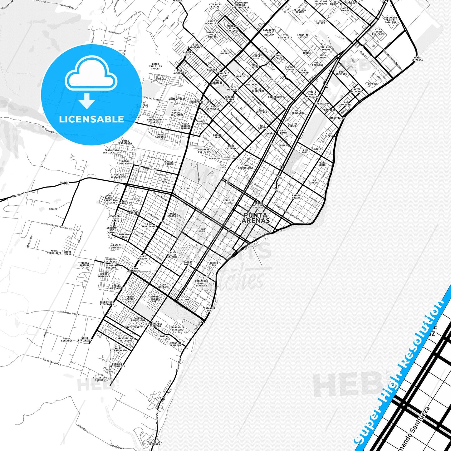 Punta Arenas, Chile Light Map with Street Names, City Names, and Districts