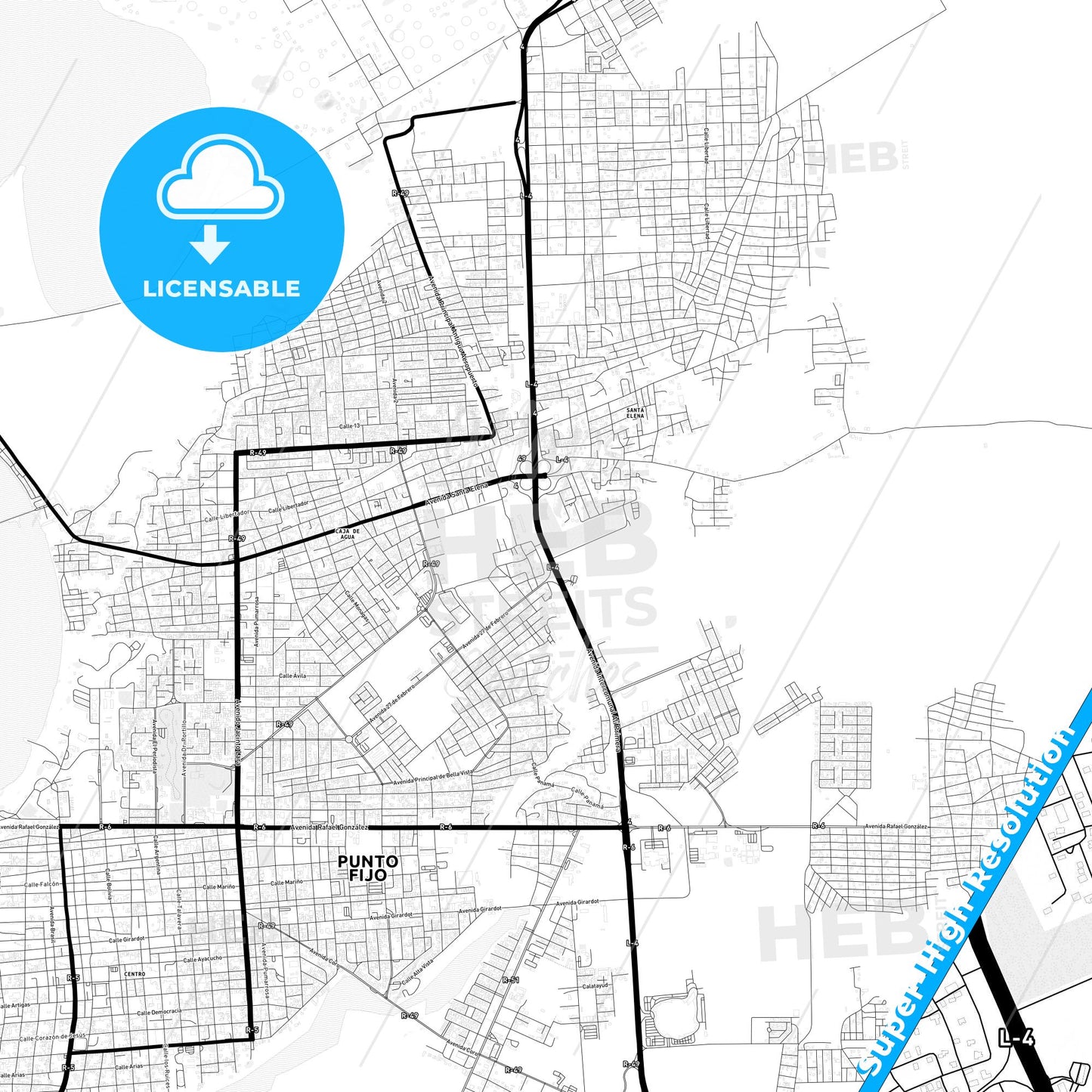 Punto Fijo, Venezuela Light Map with Street Names, City Names, and Districts