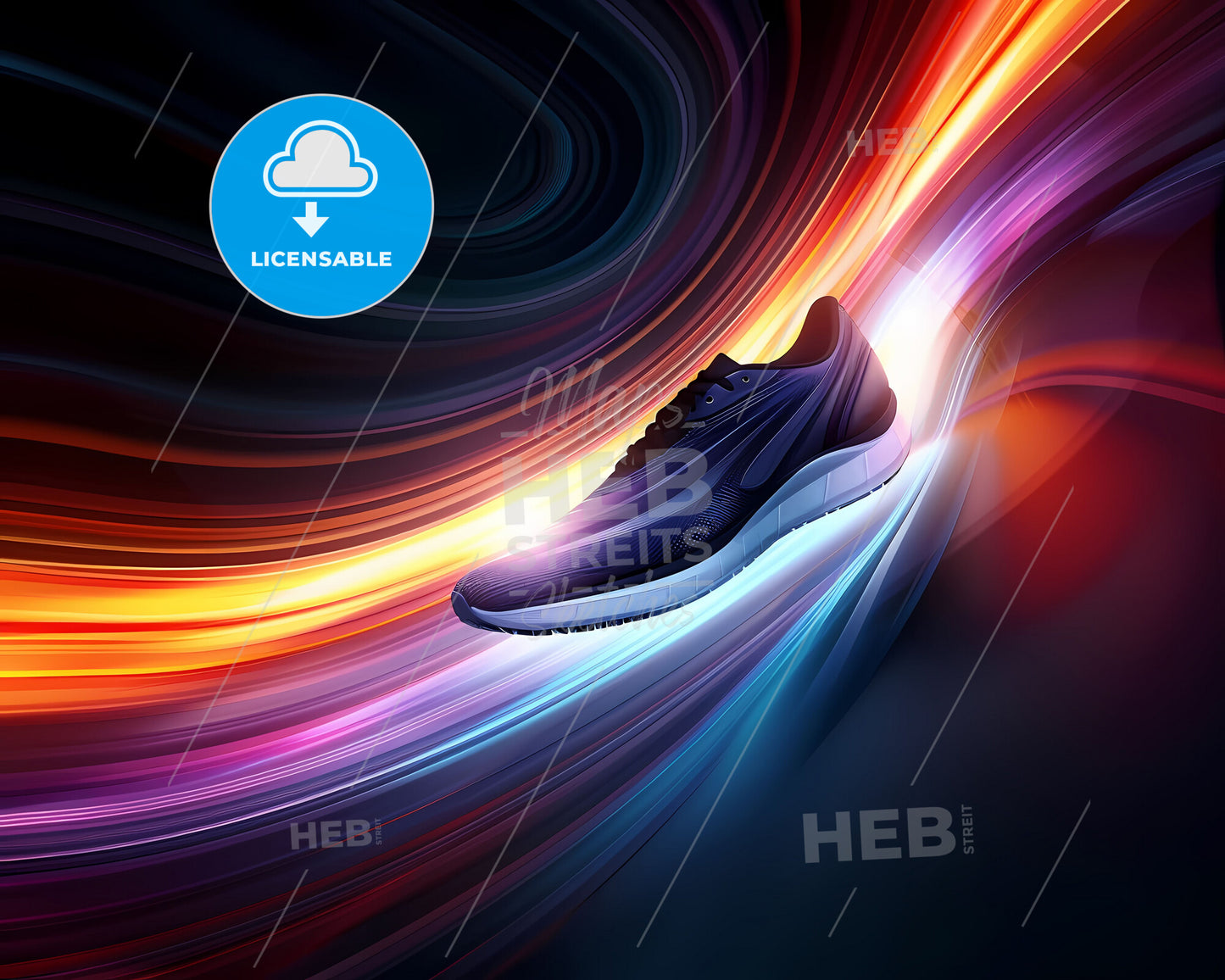 Vibrant painting HD image featuring a shoe in motion, colorful lines, and sense of speed against a black background for artistic or commercial use.