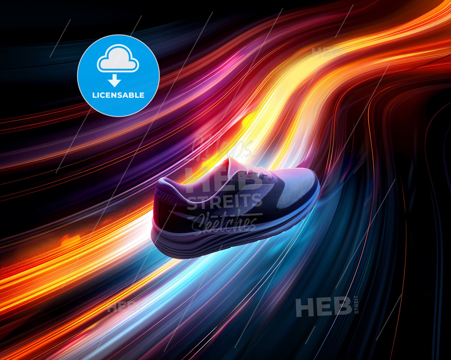 Dynamic Abstract Art: Vibrant Orange and Purple Speed Lines on Black Background Featuring a Shoe in Motion