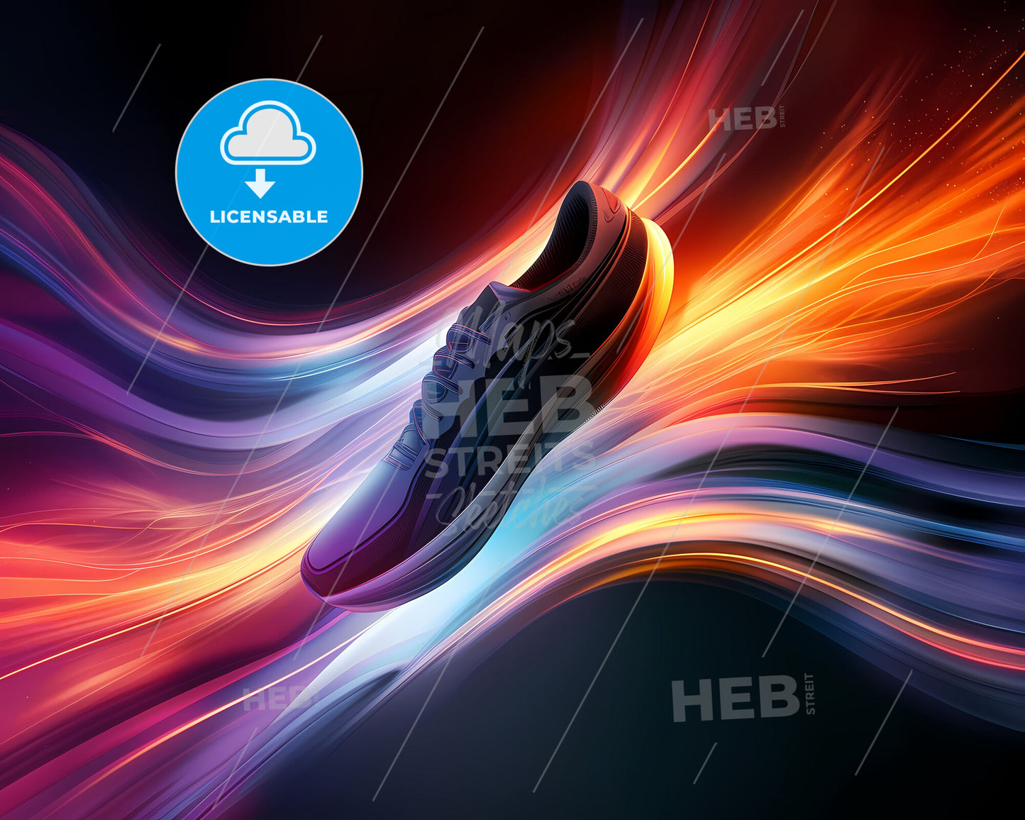 Vibrant Abstract Painting with Orange and Purple Speed Lines Featuring a Shoe in Motion on a Black Background