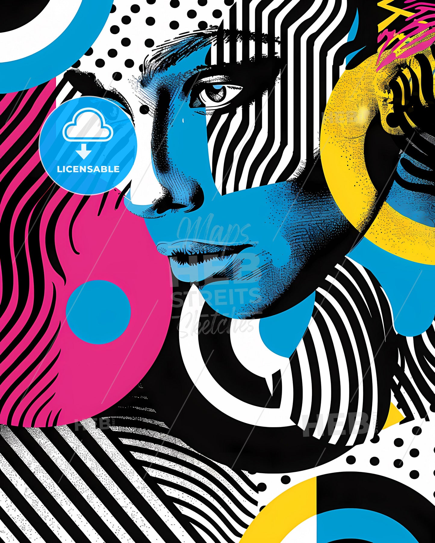 Cyan Black White Design: Modern Geometric Patterns, Swirls & Circles, Contemporary Art Collage for Trendy Urban Magazine - Inspire Ideas & Ad Space