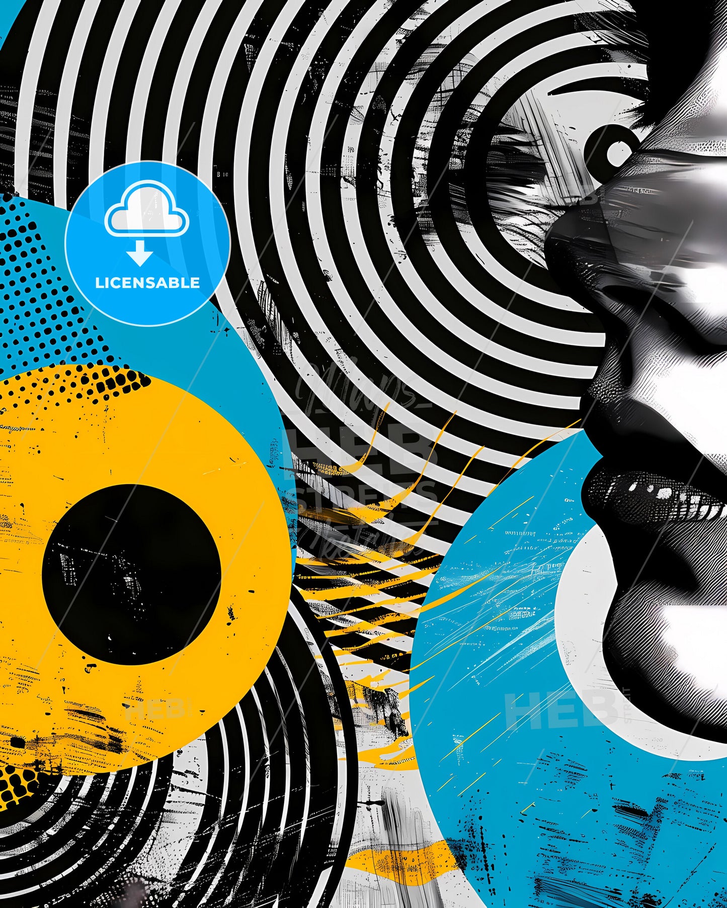 Sophisticated Corporate Graphic Design: Vibrant Geometric Painting with Magenta, Yellow, Cyan, Black, White Swirls and Circles, Emphasizing Unstoppable New Ideas