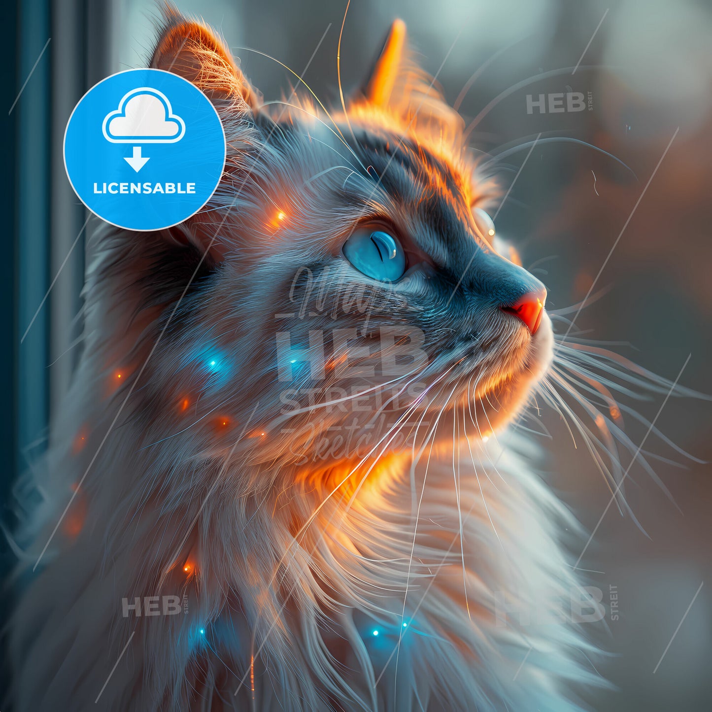 Purrfect Harmony: The Cat’s Meow - A cat with blue eyes and glowing lights