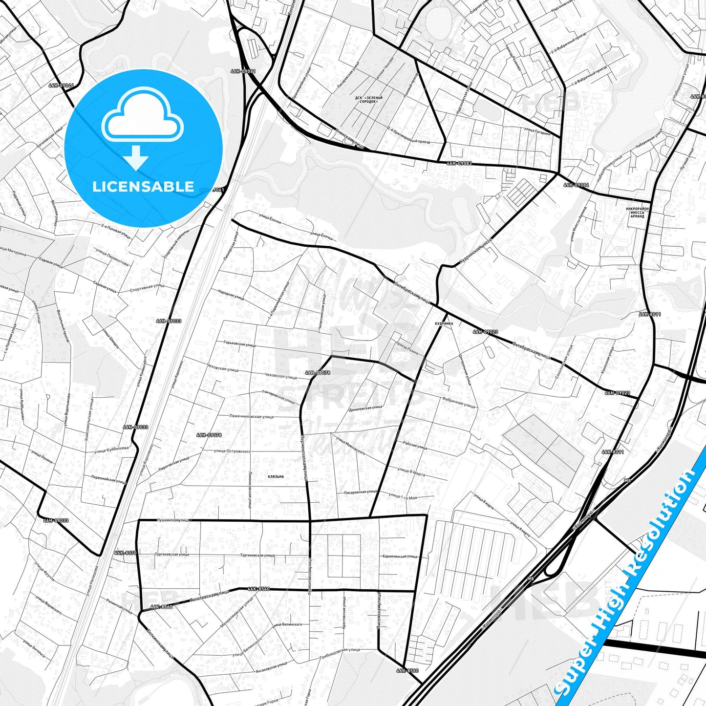 Pushkino, Russia Light Map with Street Names, City Names, and Districts