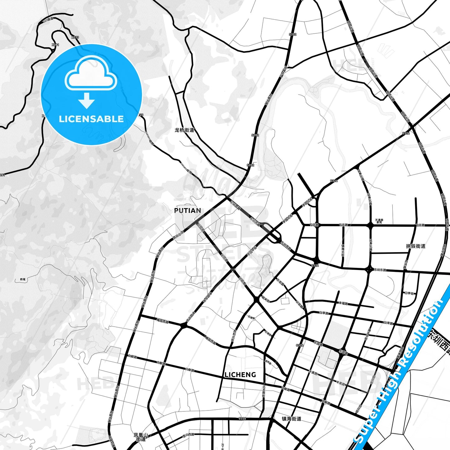 Putian, China Light Map with Street Names, City Names, and Districts