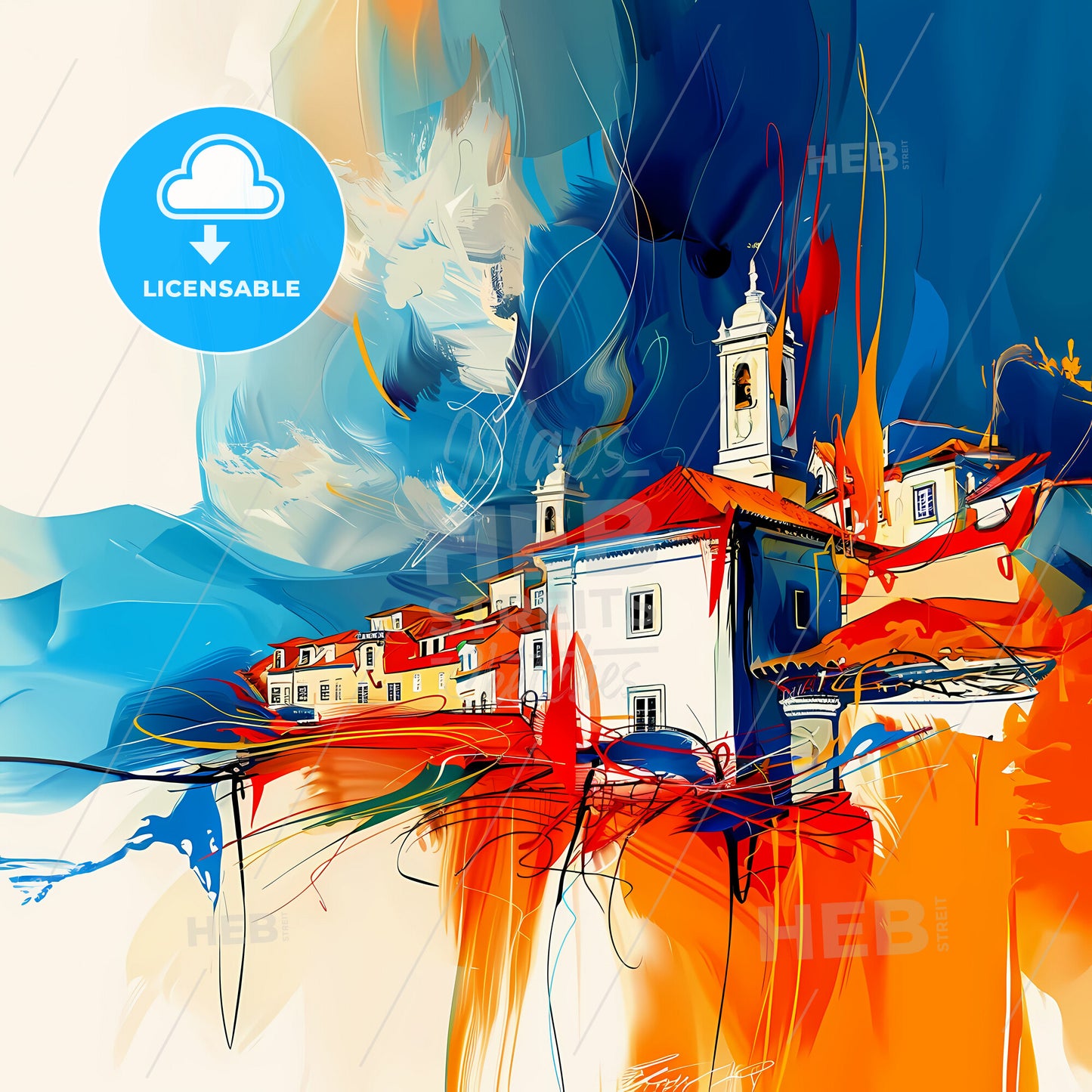 Vibrant Póvoa De Varzim, Portugal - A Painting Of A Building With A Tower And A Tower