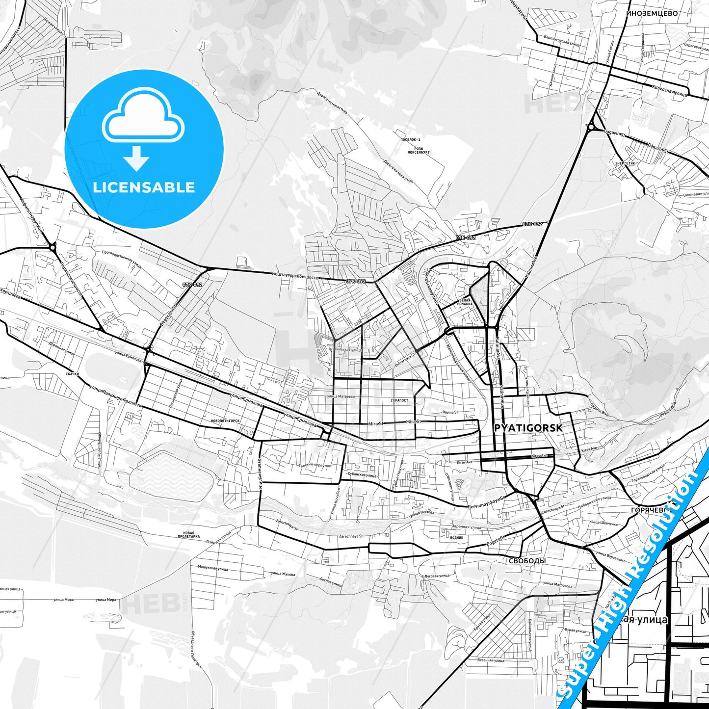 Pyatigorsk, Russia Light Map with Street Names, City Names, and Districts