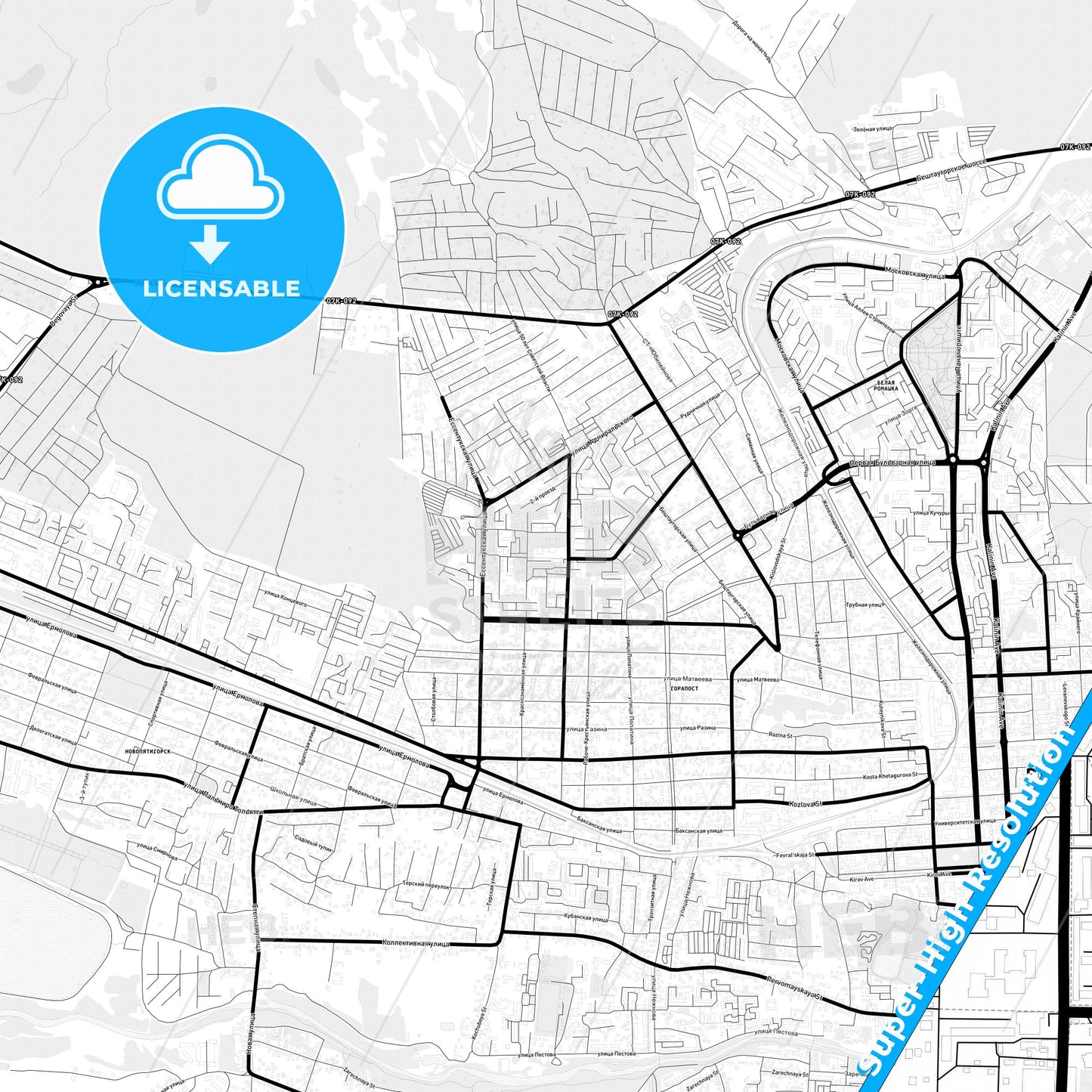 Pyatigorsk, Russia Light Map with Street Names, City Names, and Districts